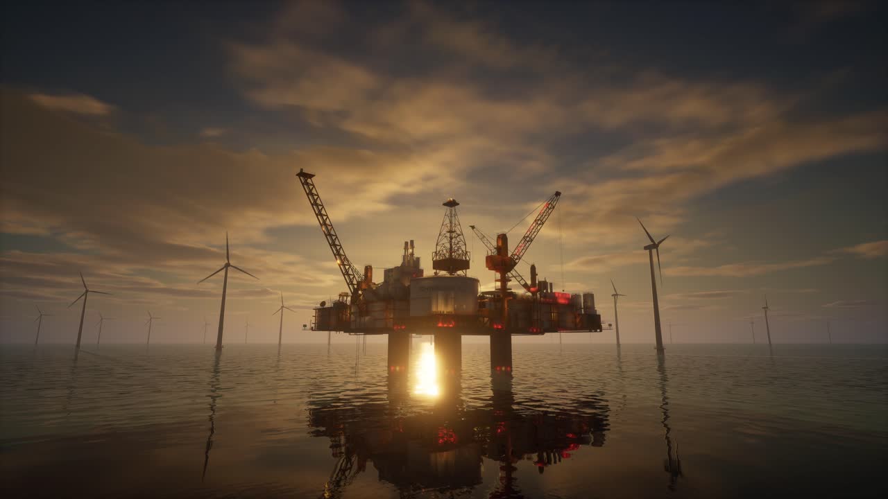 Offshore olieplatform og vindmøller ved solnedgang, energiovergang