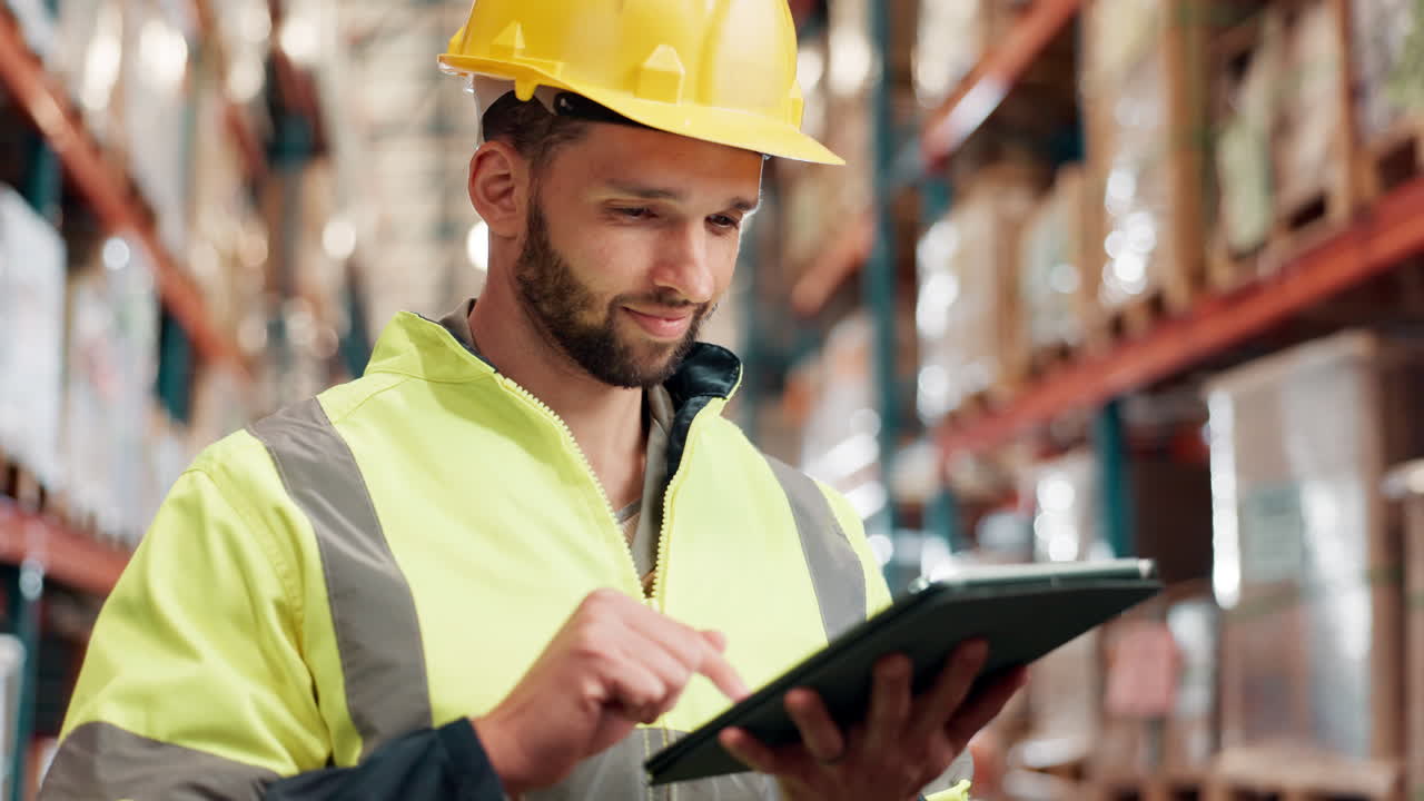 trabajador de almacén que utiliza una tableta para la gestión del inventario