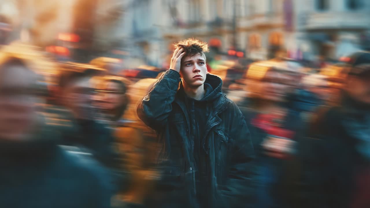 Un giovane uomo perso tra la folla: momenti catturati di confusione e isolamento in un ambiente urbano sfocato