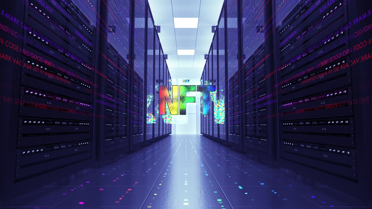 3D NFT Art Symbol In High Tech Server Room.