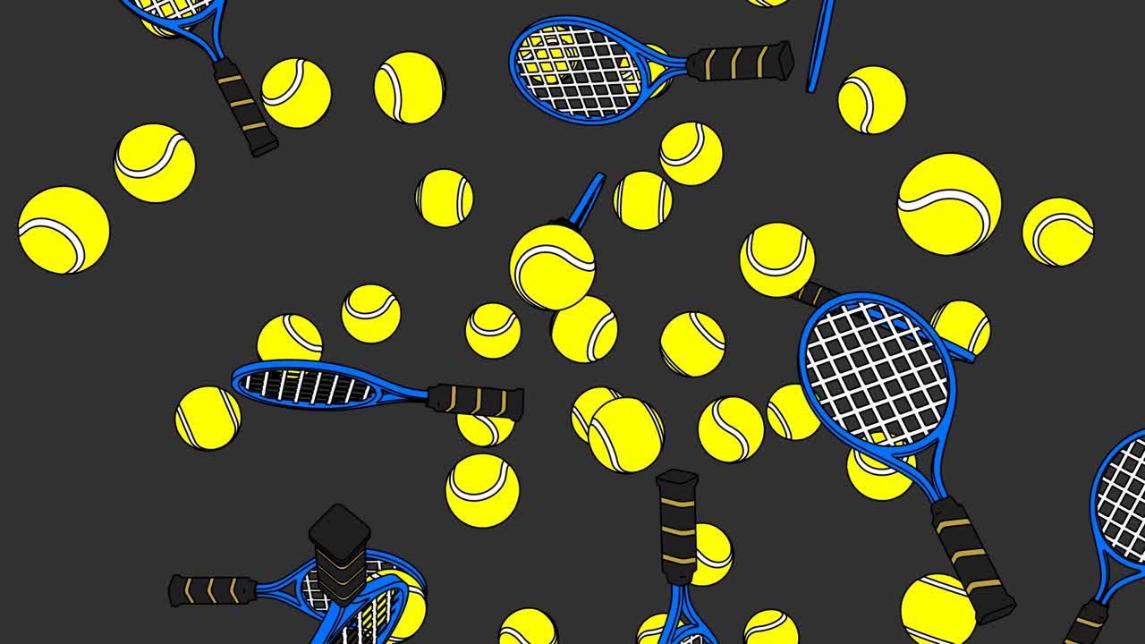 회색 배경에 있는 테니스 공과 파란색 테니스 라켓입니다.