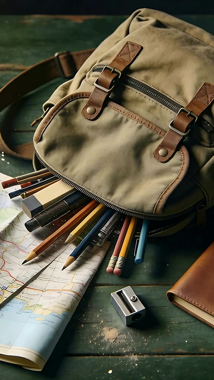 Vertical video: Zooming in on khaki backpack with pencils on green table, map and sharpener focused
