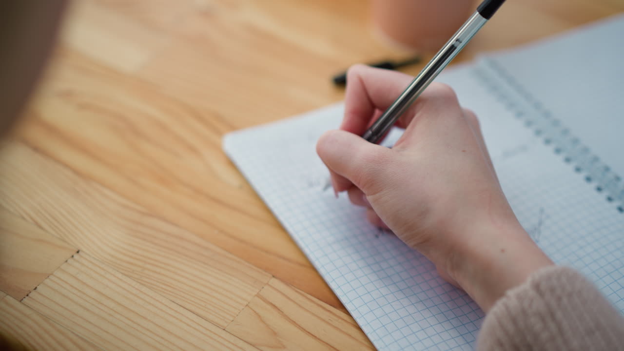 Close-up of hand writing with black pen in notebook with blurred background, shows focus and concentration while writing down thoughts, with soft background
