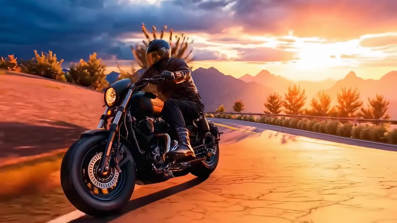 Motociclista in viaggio su una strada di montagna al tramonto