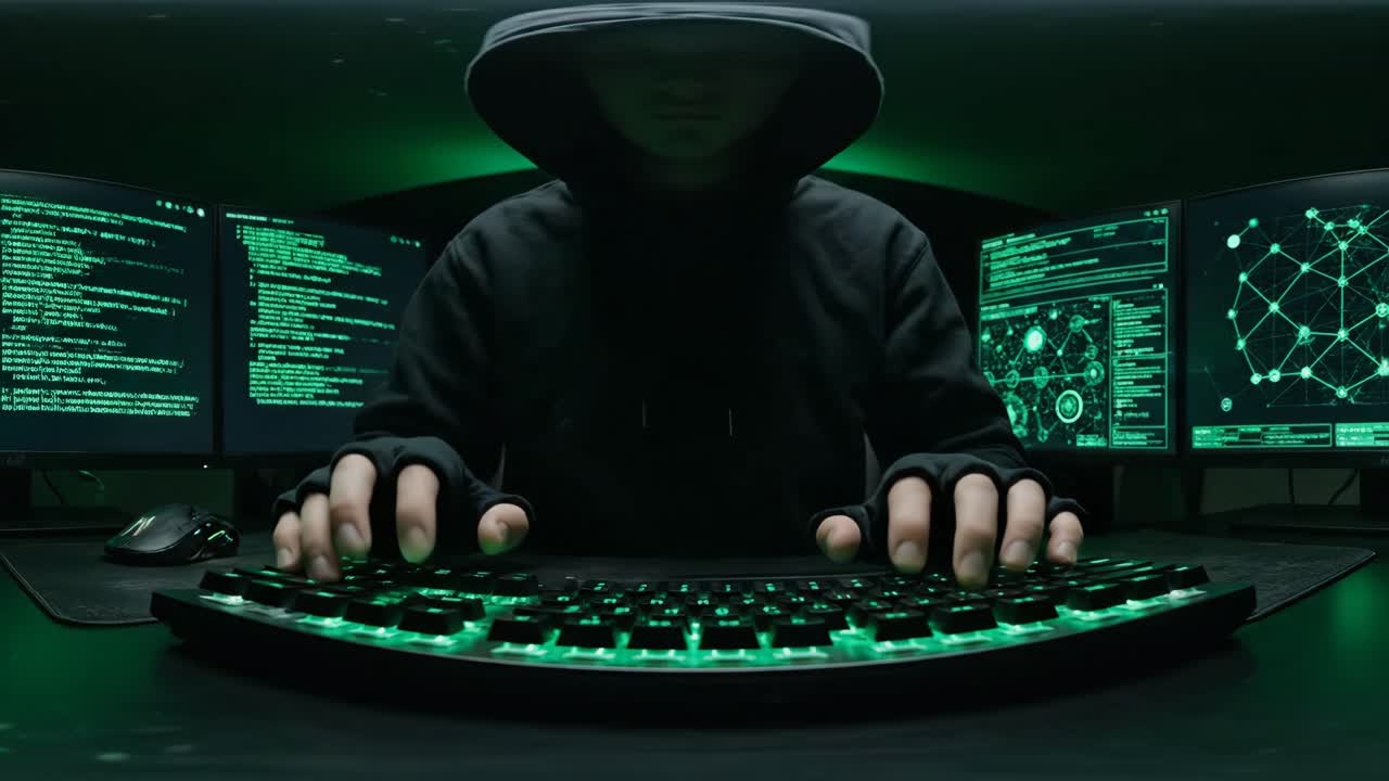 Hacker in a hoodie coding at night