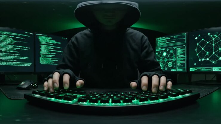 Hacker in a hoodie coding at night