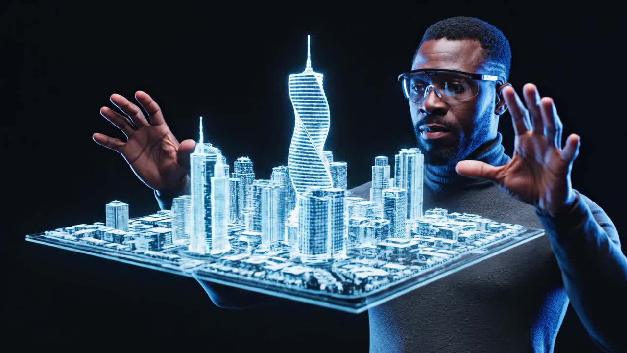 Man interacting with a holographic city model