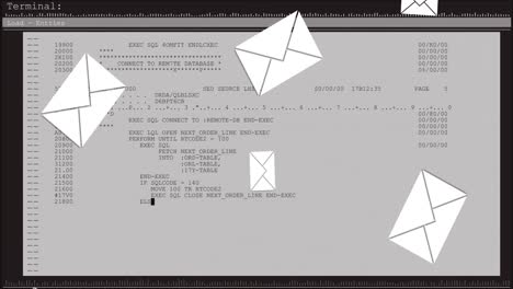 animation of computer data processing with email envelope icons