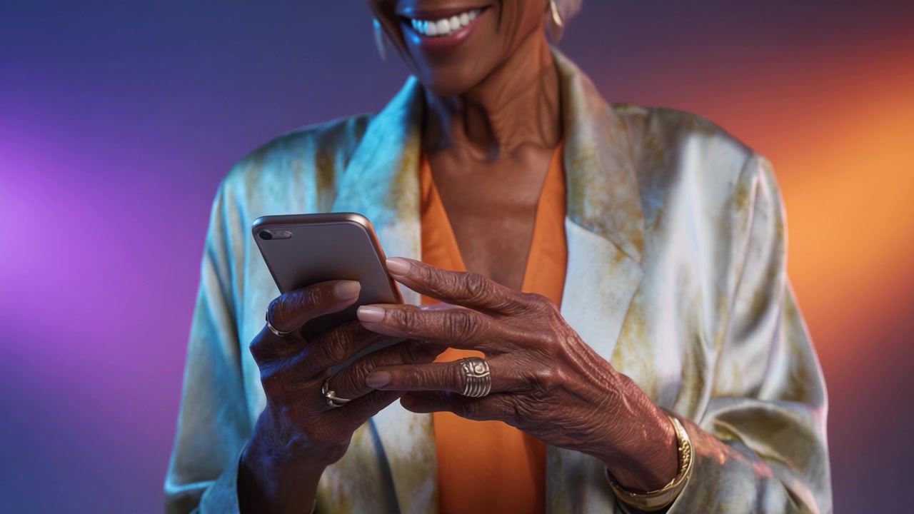 Una donna anziana sicura di sé, vestita elegantemente, è intenta con il suo smartphone, mettendo in mostra il suo outfit alla moda e la sua personalità vivace in uno sfondo colorato di luci.