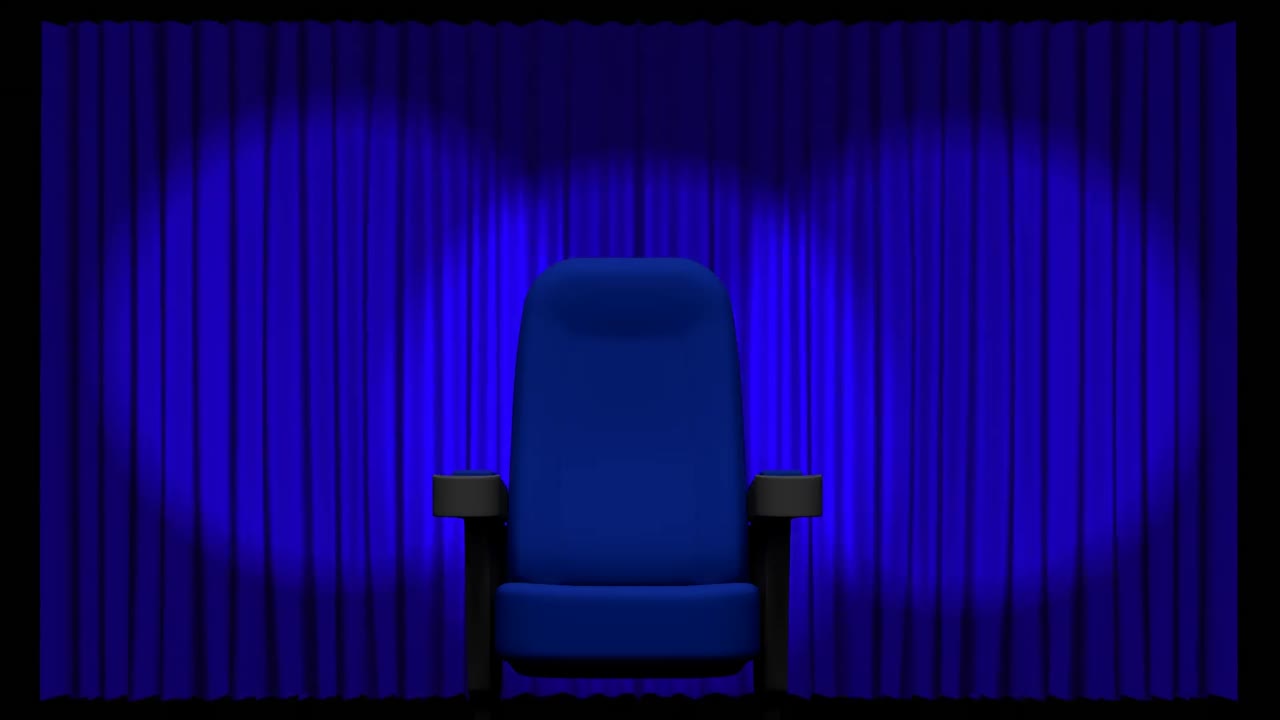 Animazione di luci e sedia sopra il sipario blu che si apre in teatro