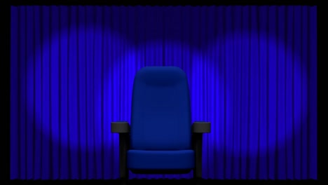 animation of lights and chair over blue curtain opening in theater