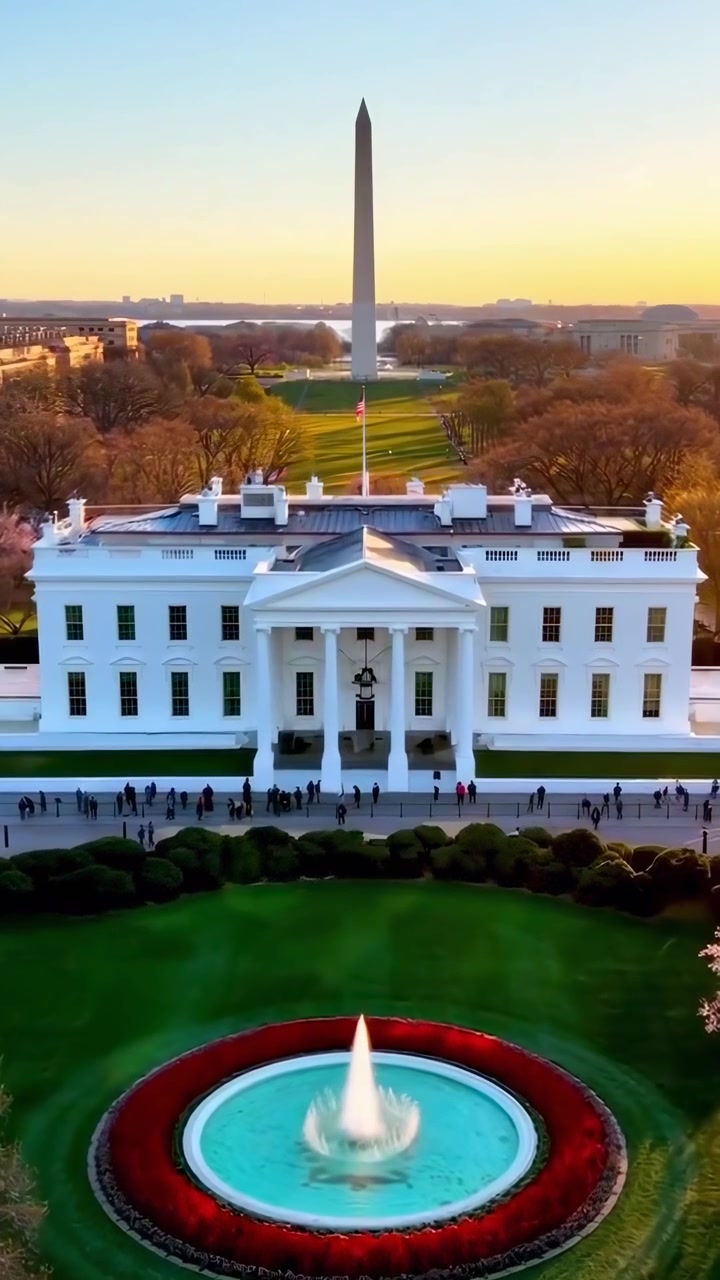 Vistas Aéreas da Casa Branca e do Monumento a Washington ao Pôr do Sol