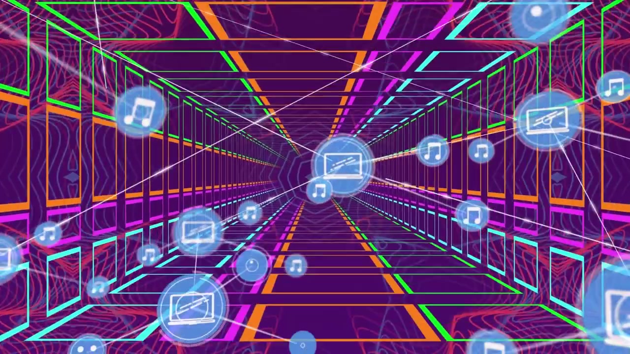 Animation of network of digital icons over colorful tunnel in seamless pattern on purple background