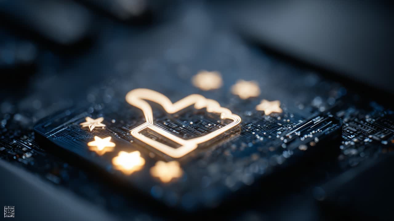 A Close-Up View of a Digital Thumb-Up Icon Surrounded by Illuminated Stars Against a High-Tech Background, Symbolizing Approval and Connectivity in Modern Technology