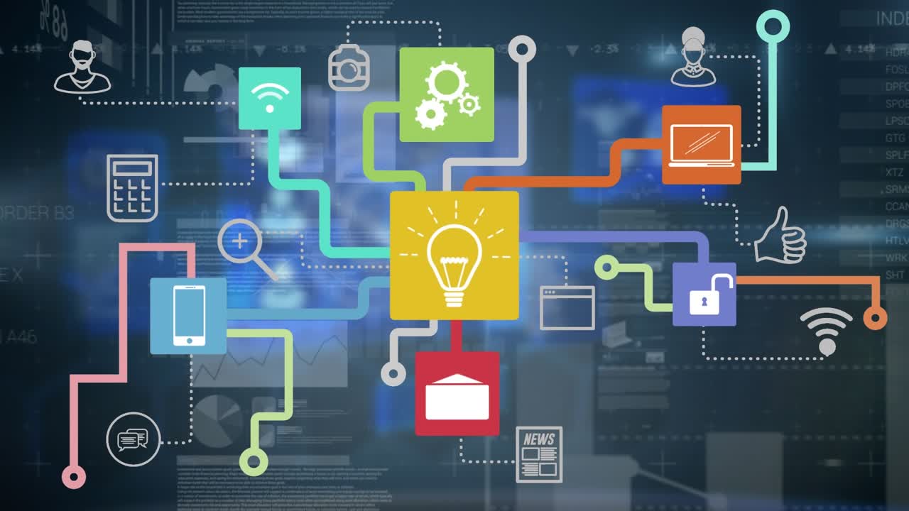 Animation af netværk af digitale ikoner og skærme med databehandling mod blå baggrund