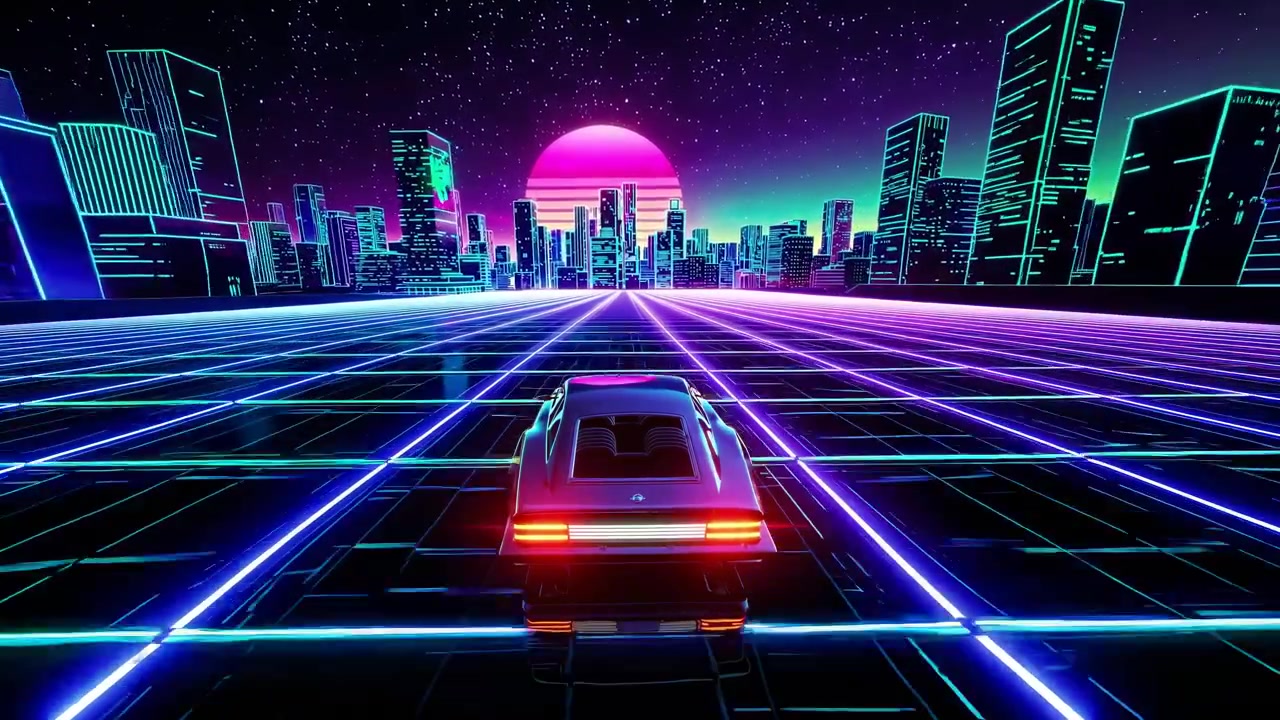Auto retrò synthwave che guida su strada a griglia neon verso una città futuristica