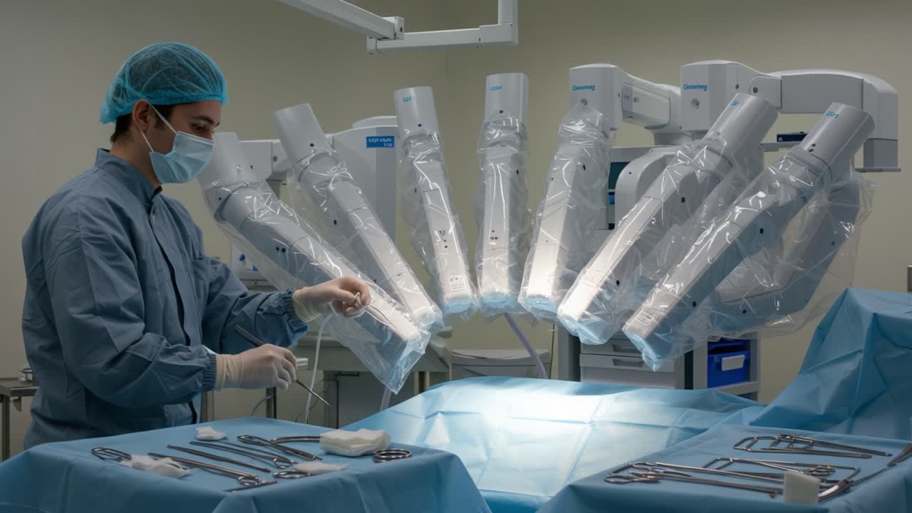 Surgeon Preparing for Robotic Surgery: A Glimpse into Advanced Medical Technology and Precision Techniques in the Operating Room