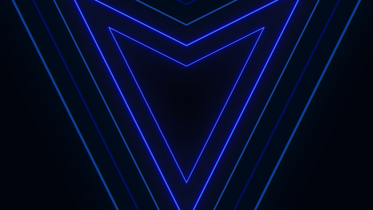 un triángulo de neón azul brillante brilla en la oscuridad