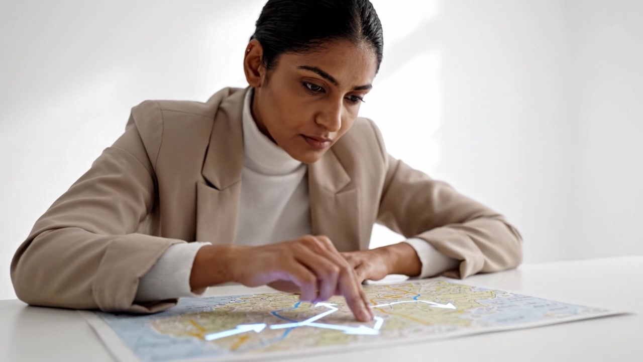 Analisi di una mappa: una donna concentrata si dedica a percorsi e direzioni in un ambiente luminoso, cercando il percorso migliore con determinazione e attenta attenzione.