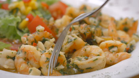 garlic shrimp with fresh salad, close-up, mediterranean