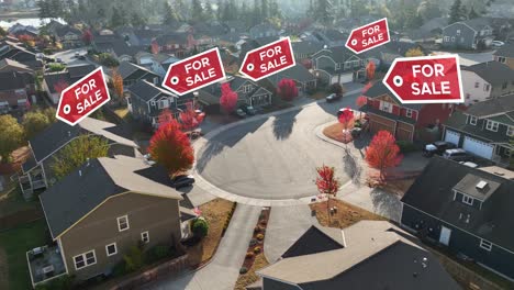 drone shot of a suburban neighborhood with "for sale" signs appearing over the houses