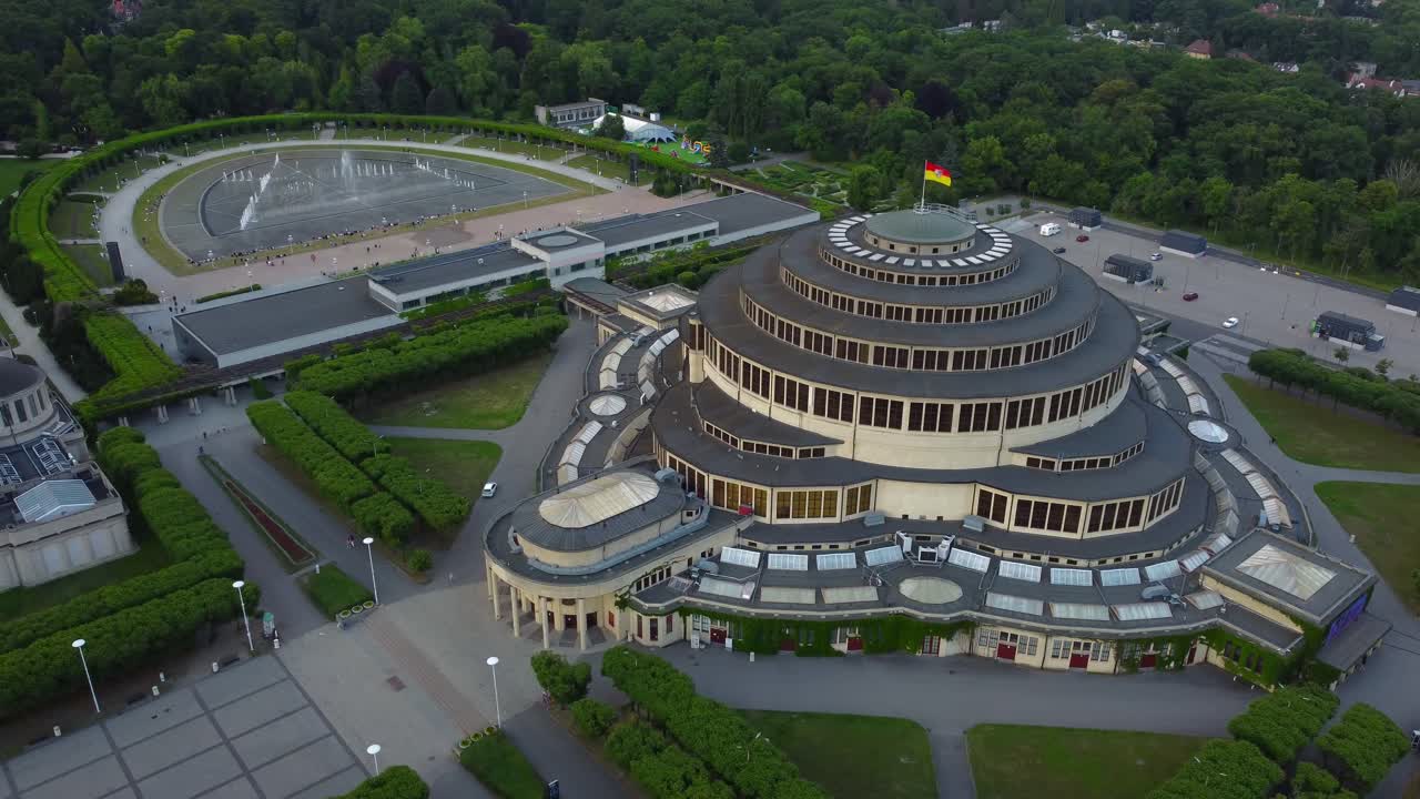 Drone view of Wroclaw Centennial Hall and Wroclaw Multimedia Fountain