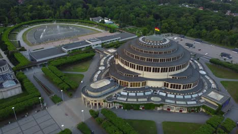 drone view of wroclaw centennial hall and wroclaw multimedia fountain