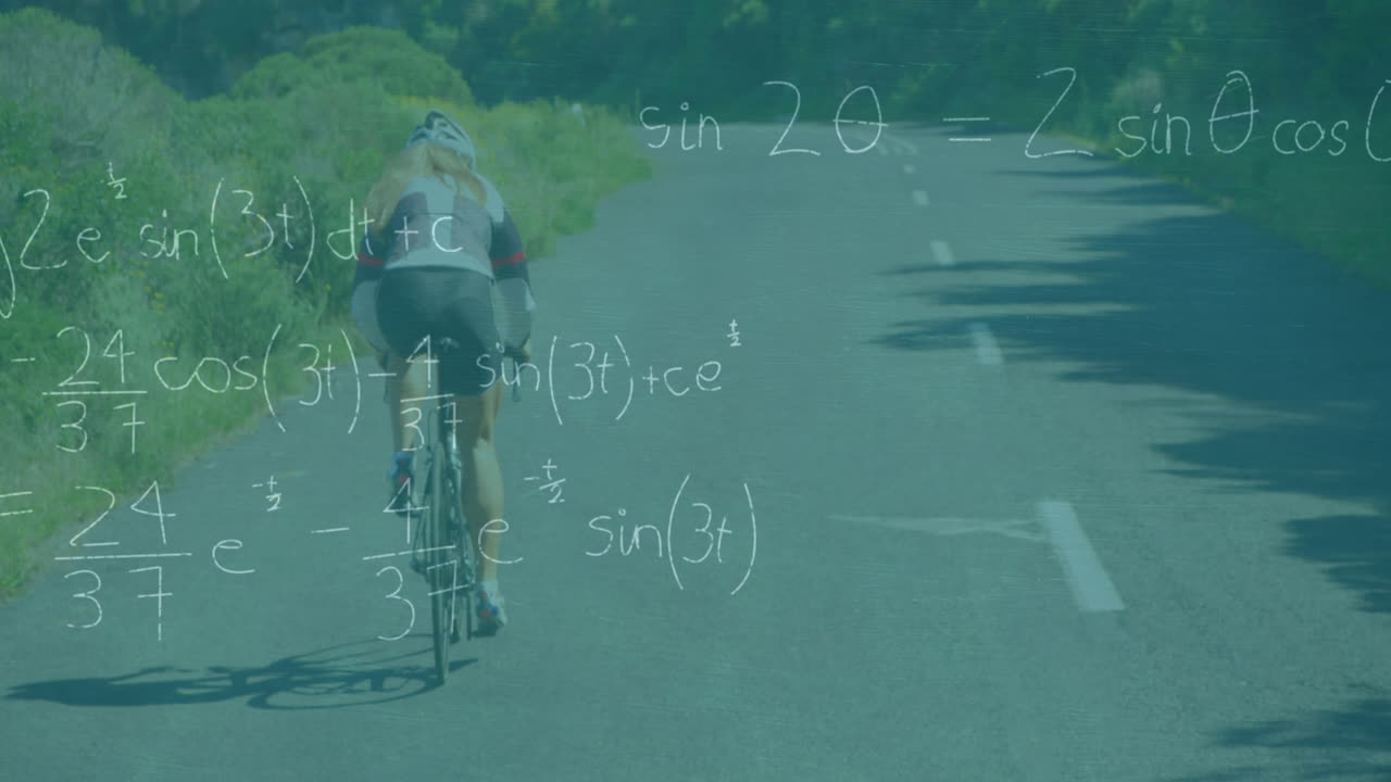 거리에서 자전거를 타고 있는 여성 자전거 운전자의 뒷면에 대한 수학 방정식의 애니메이션
