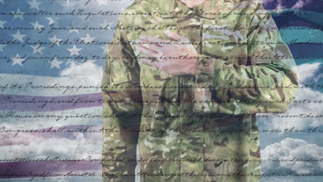 animation of text and sky with clouds over caucasian male soldier and flag of usa