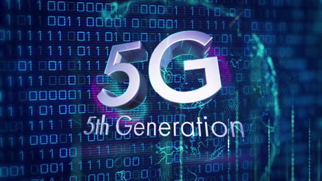 animation of 5g 5th generation text and binary coding digital data processing