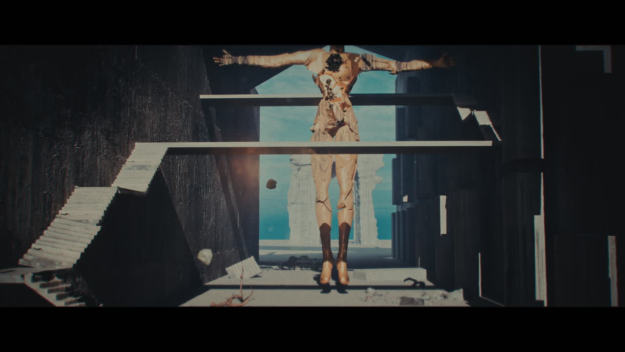 A giant figure in an eerie, post-apocalyptic, digital city