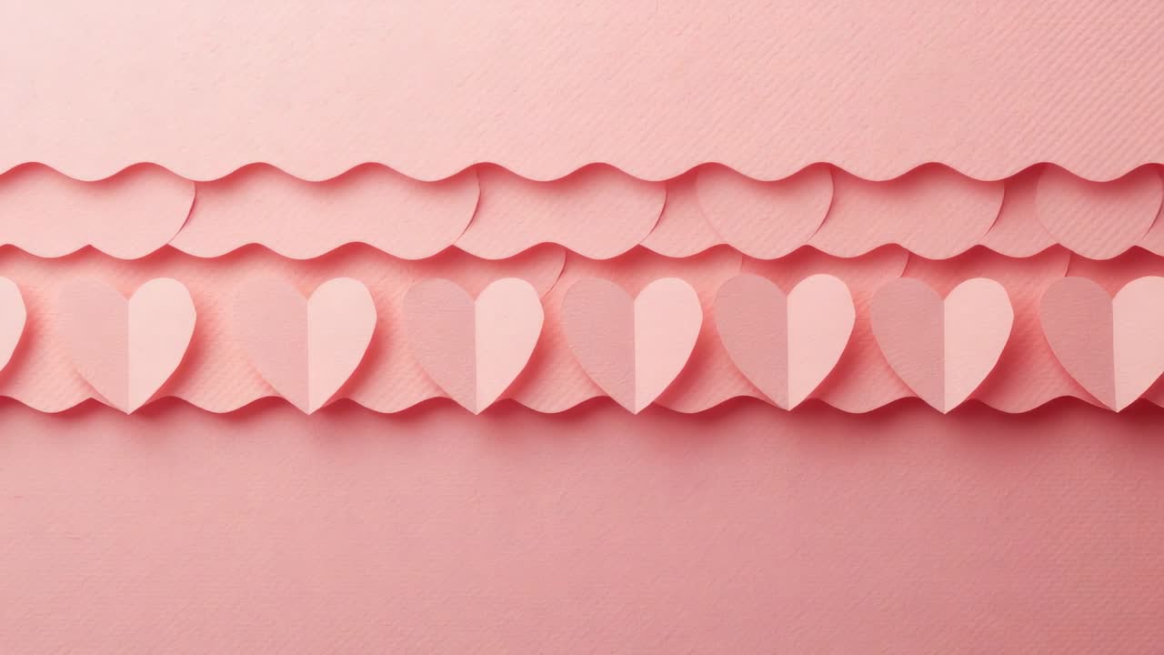 Camera panning center row of folded hearts, scallops on pink card, lighting shifting, showing folds