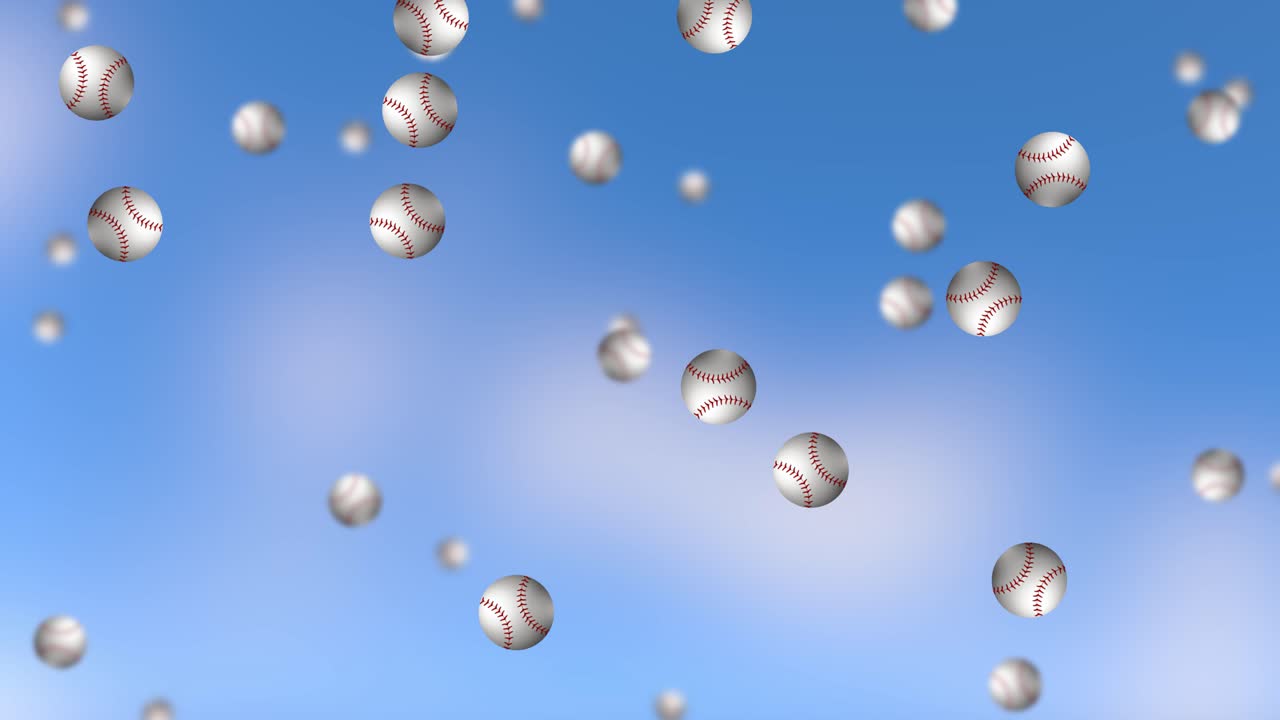 многочисленные бейсбольные мячи спускаются по ясному небу.