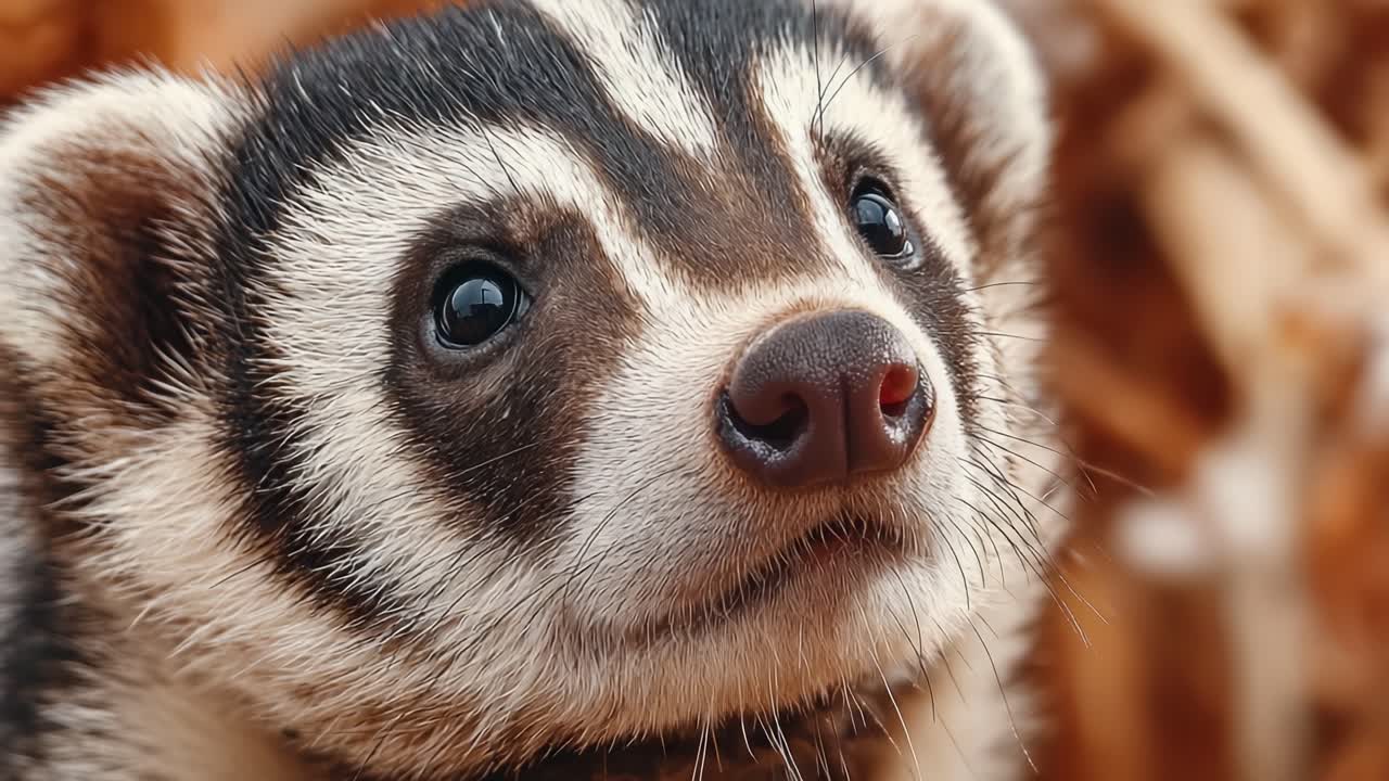 Adorabile primo piano di un animale carino con tratti facciali sorprendenti, che evidenzia i suoi occhi espressivi e le marcature uniche in un ambiente naturale.