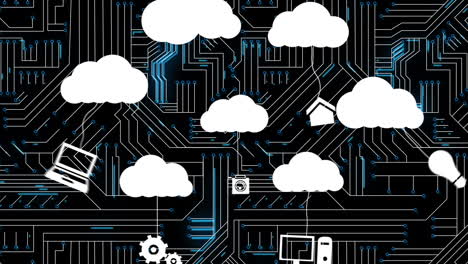 animazione di icone multimediali e rete di connessioni su sfondo nero