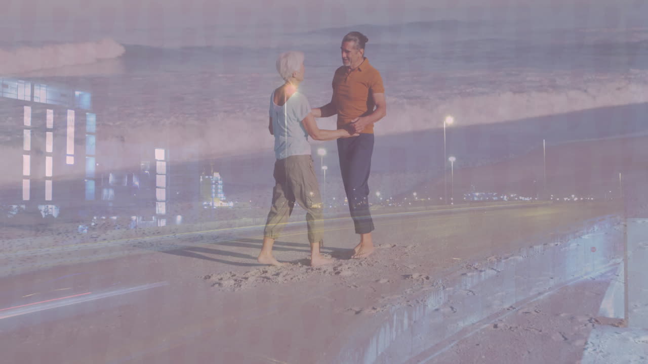 Senior couple holding hands at beach edge for travel ad, with animated ocean waves, light trails