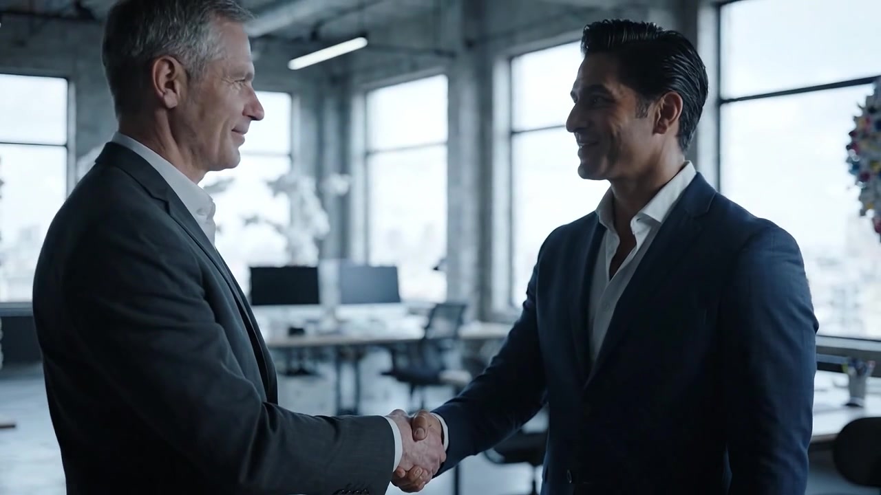 Two Professionals Engaging in a Business Handshake in a Modern Office Setting with Abundant Natural Light and Contemporary Design Elements