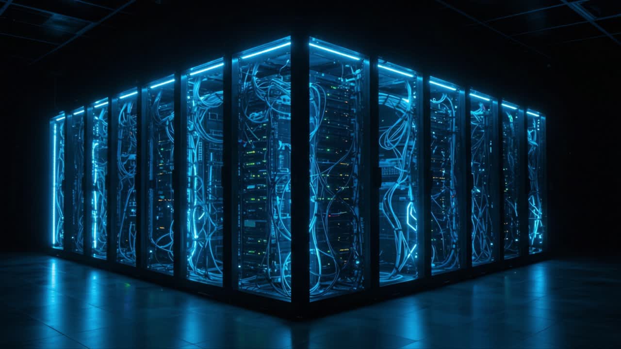 En betagende udsigt over et futuristisk serverrum oplyst af levende blå lys, der viser indviklet kabling og avanceret teknologi i et moderne datacenter.