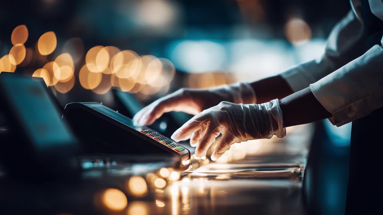 A focused scene capturing an individual in gloves expertly utilizing a modern keypad in a softly lit environment adorned with warm bokeh lights, emphasizing technology and care