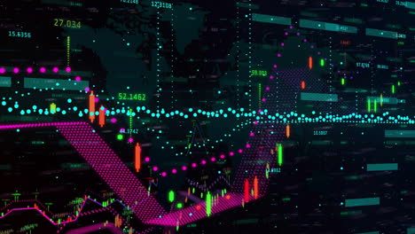 animación del procesamiento de datos financieros sobre una cuadrícula sobre un fondo oscuro