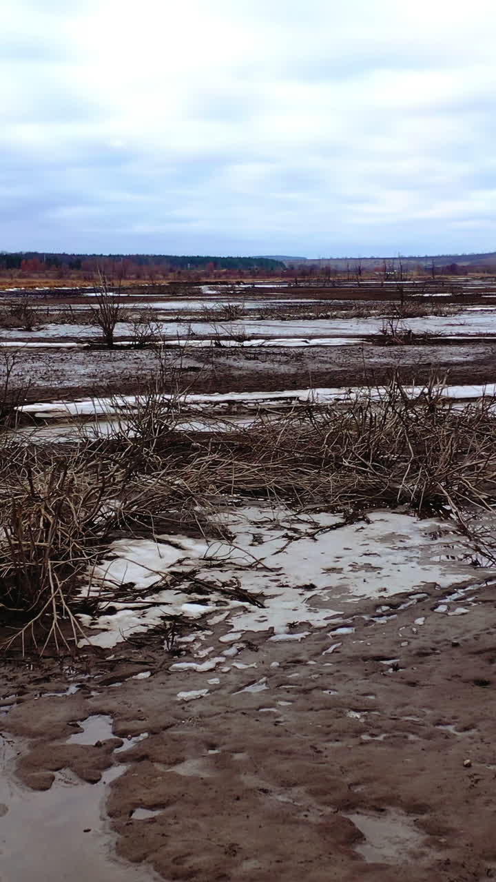 Dead earth destroyed by human development. Global warming. Dried lake with a narrow stream of dirty water. Climate change, ecology. Water problems. Vertical video