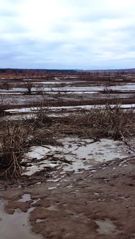 dead earth destroyed by human development. global warming. dried lake with a narrow stream of dirty water. climate change, ecology. water problems. vertical video