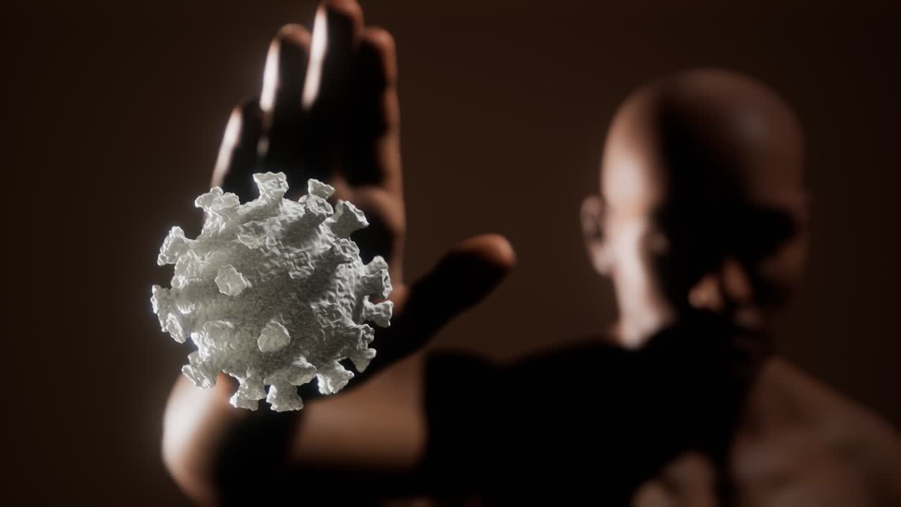 겁에 질린 남자가 코로나바이러스 코로나19 감염을 두려워해서 손짓을 멈 ⁇ 습니다.