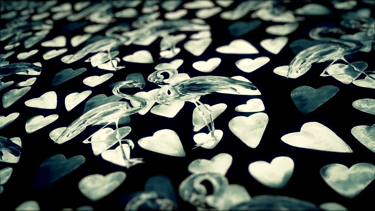 손으로 그린 수채화 플라밍고와 심장을 가진 추상적인 배경.