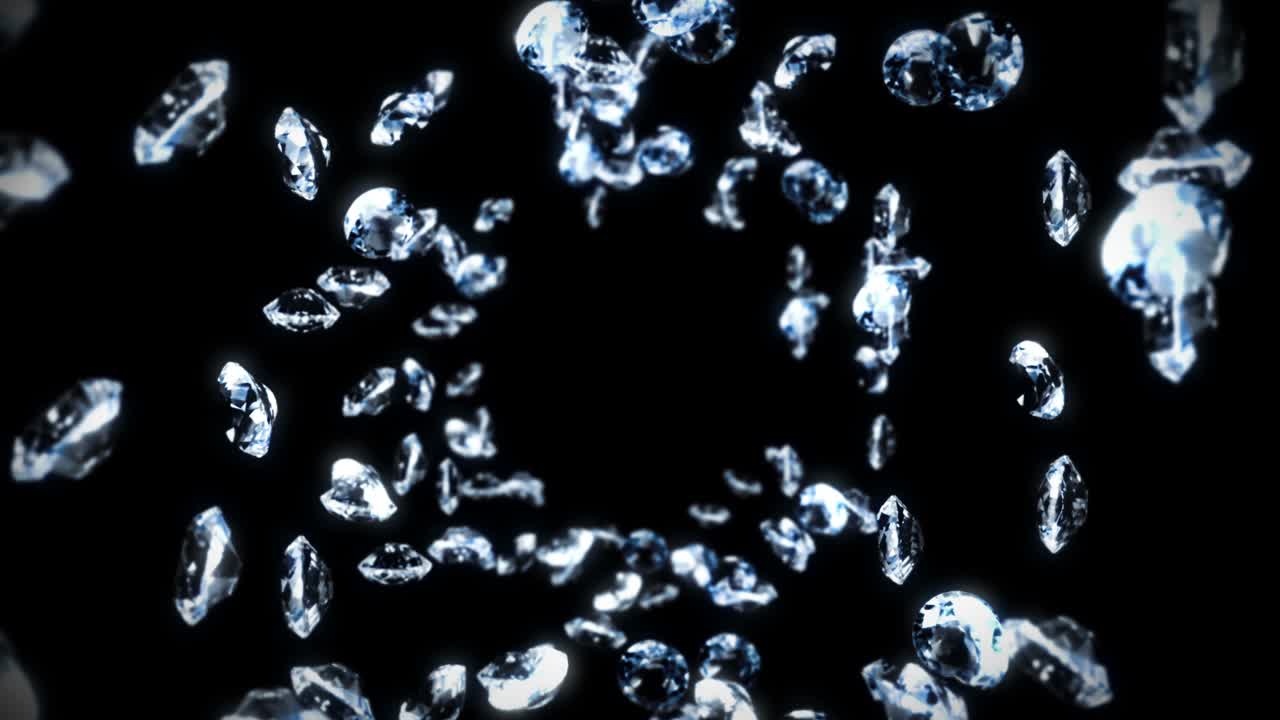 검은 바탕에 많은 보석 다이아몬드를 날아. 투명하고 귀중한 보석을 빛니다. 화려한 다이아먼드의 3d 애니메이션 회전. 루프 애니메이션.
