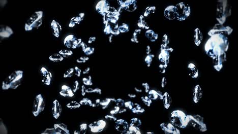 volando muchos diamantes de joyería en fondo negro. brillar transparente, joya preciosa. animación 3d de diamantes brillantes girando. animación de bucle.