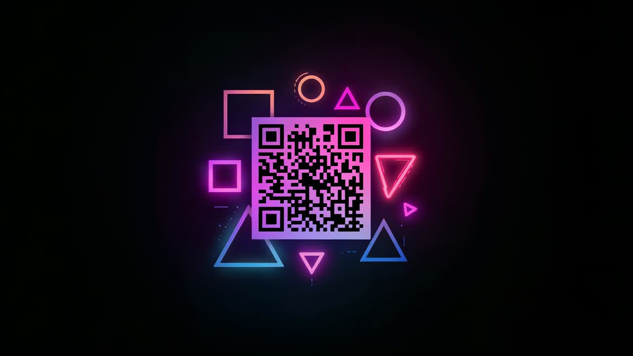 Revealing neon QR code pulsing in darkness, with rotating circle and flickering triangle sparks