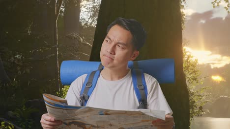 excursionista leyendo un mapa en el bosque al amanecer