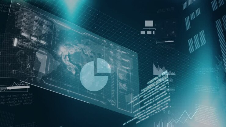 Animation of multiple icons over graphs, globe, loading bars, computer language on black background