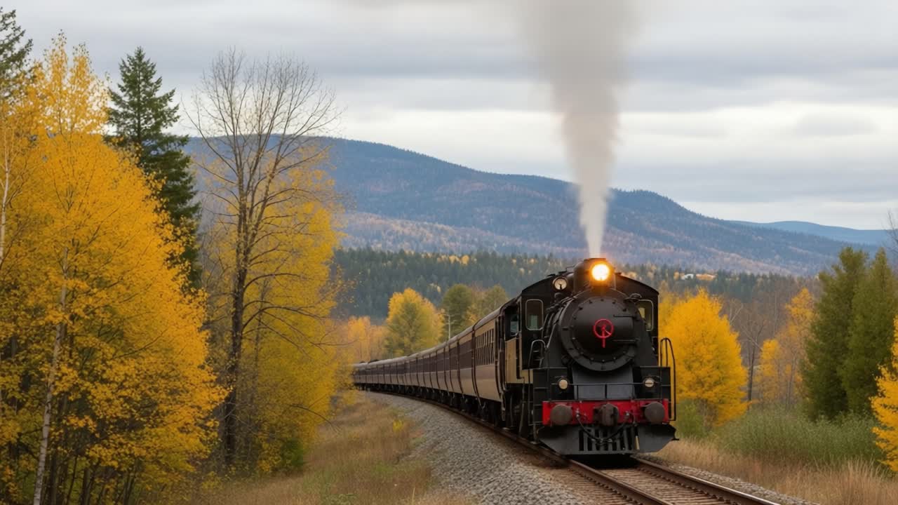 A Majestic Vintage Steam Engine Speeds Through Autumn Landscapes, Surrounded by Vibrant Yellow Trees and Serene Mountain Backdrops, Evoking Nostalgia and Adventure